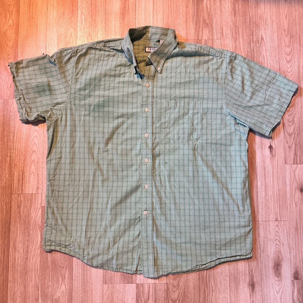 IZOD Mens Green Plaid Button Down Short Sleeve Shirt XL Tall